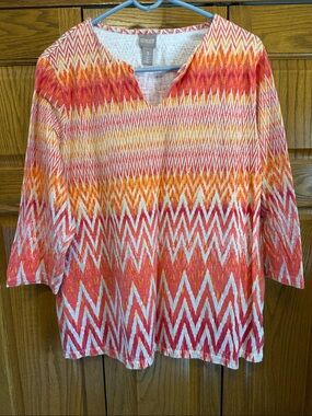 Chico's Pink, Coral & Orange Zigzag Notch-Neck Tunic